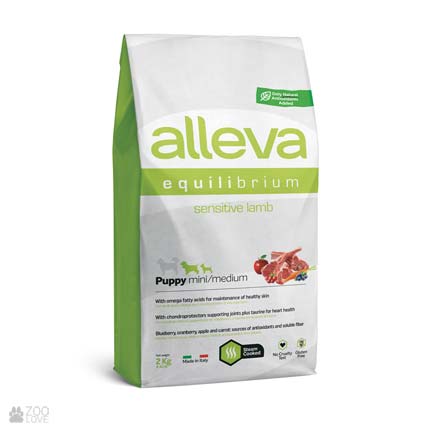 Alleva Equilibrium Sensitive Mini Medium Puppy Lamb, корм для щенков малых и средних пород с чувствительным пищеварением с ягненком