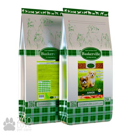 Фото упаковки сухого корма для щенков Baskerville Junior Dog 20 кг