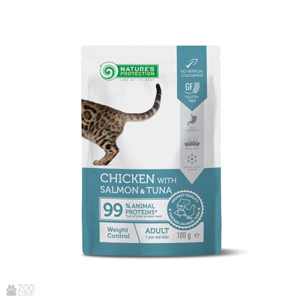 Nature's Protection Adult Cats Weight Control Chicken with Salmon & Tuna, влажный корм с лососем и травами для кошек для стерилизованных кошек