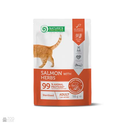 Nature's Protection Adult Cats Sterilized Salmon with Herbs, влажный корм с лососем и травами для кошек для стерилизованных кошек