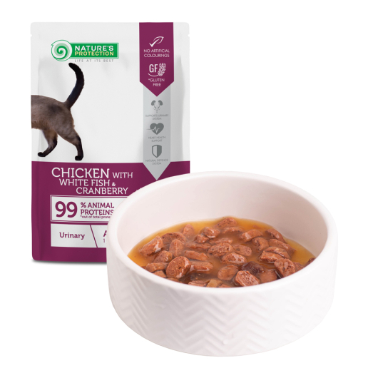 Nature's Protection Adult Cats Urinary Chicken with White Fish & Cranberry, влажный корм с курицей, белой рыбой и клюквой для поддержки здоровья мочевыделительной системы у кошек