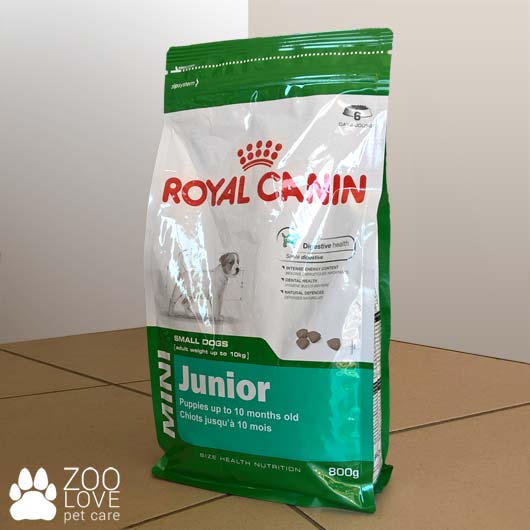Фото упаковки корма для щенков Royal Canin MINI JUNIOR, 0,8 кг (дизайн до 2018)